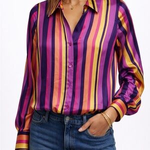 L’AGENCE Hailie Silk Striped Blouse Purple Pink Gold Size S/P